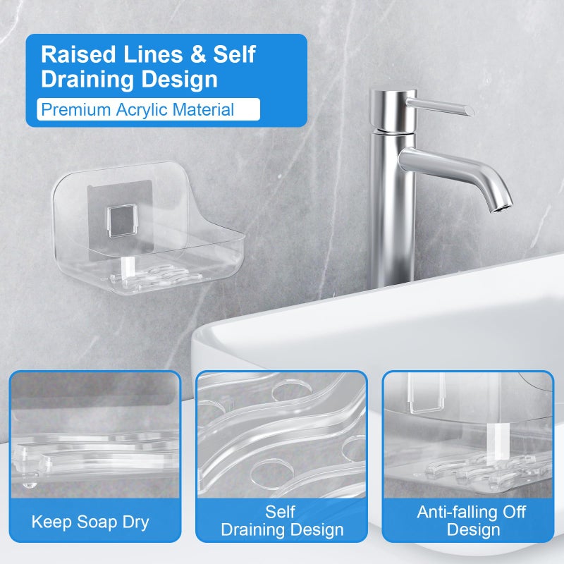 FEPTUASE Acrylic Soap Dish  2 Pcs Clear Self Draining Soap Holder  No Drilling  No Tool  Universal and Aesthetics  Waterproof  Plastic Soap Saver - Bathroom Kitchen Organizer - Image 3